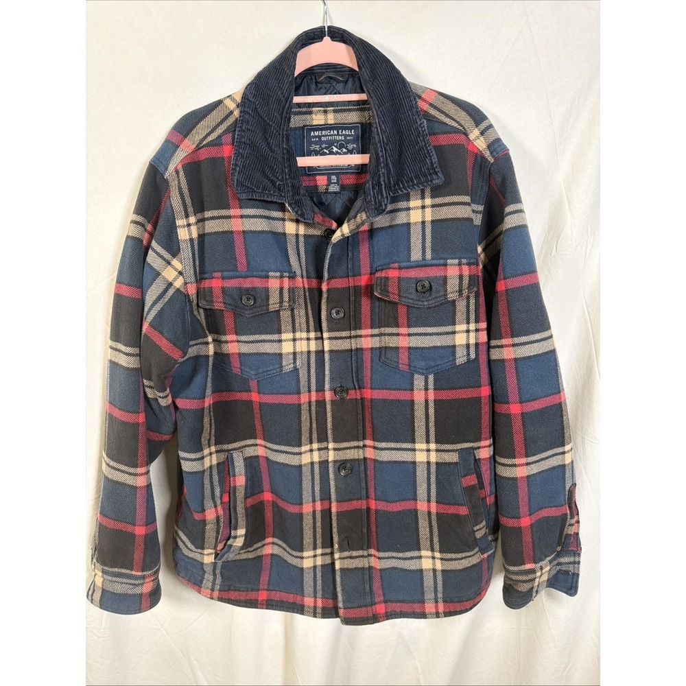American Eagle Plaid Barn Jacket Corduroy Collar Quilted Mens XXL